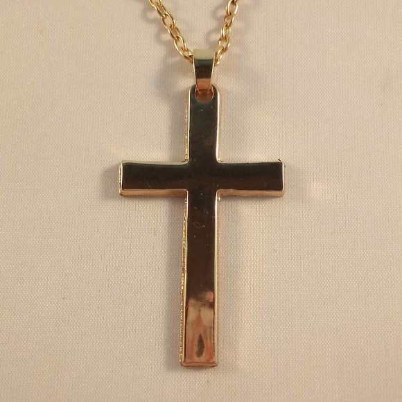 Mens Yellow Gold Plated Smooth Cross Pendant Chain Necklace 20" Party Gift - Picture 2 of 3